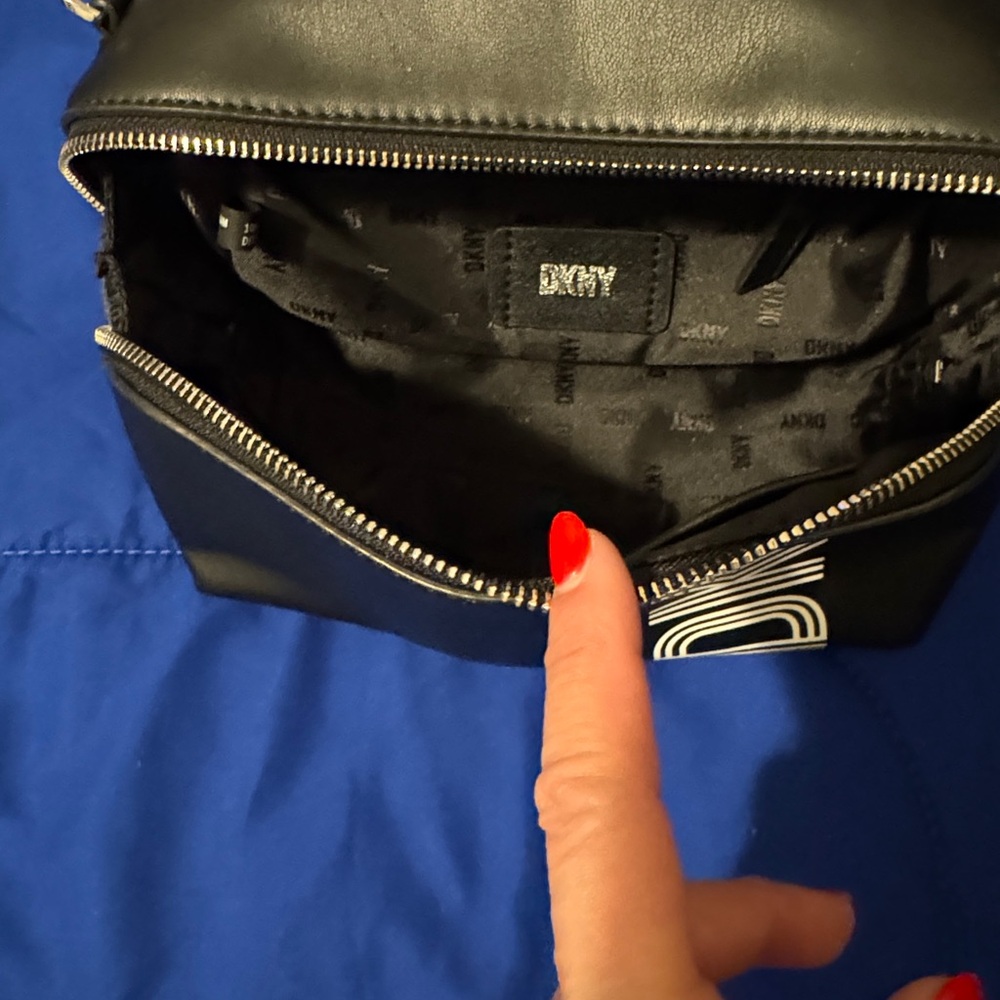 DKNY Black Leather Crossbody with Silver Zipper Detail